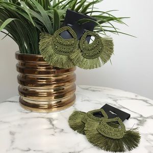 ‼️ Olive Green Beaded Thread Fan Earrings Boho